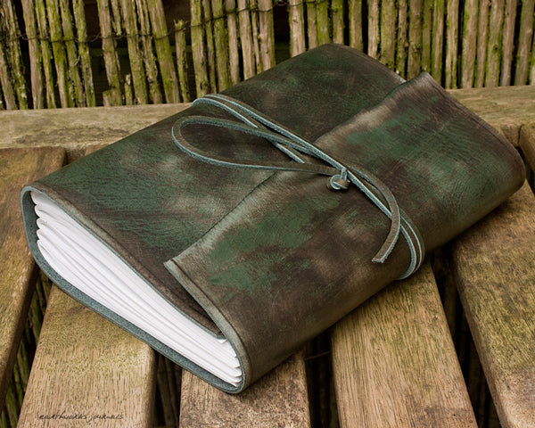 A5 distressed green leather journal - wraparound - earthworks journals - A5W014