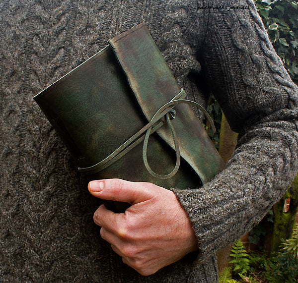 A5 distressed green leather journal - wraparound 2 - earthworks journals - A5W014