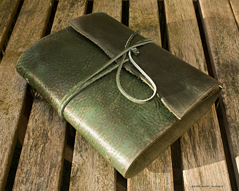 A5 distressed green leather organiser - wraparound - earthworks journals - A5WB005