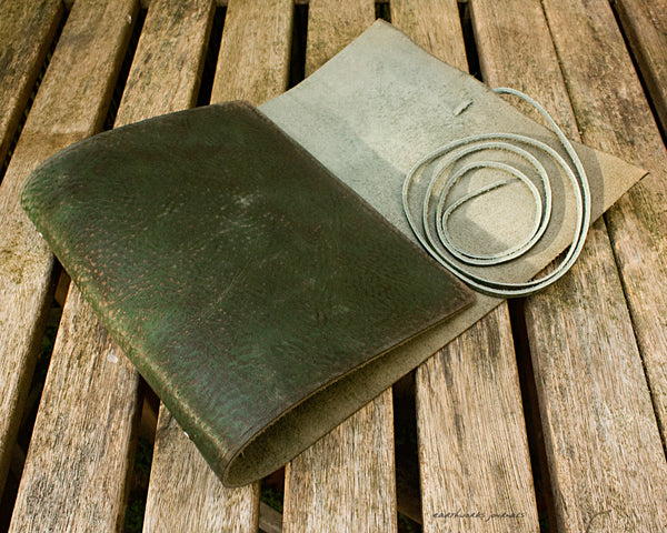 A5 distressed green leather organiser - wraparound 2 - earthworks journals - A5WB005