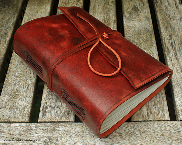 A5 distressed oxblood red leather journal - wraparound 6 - earthworks journals - A5W013