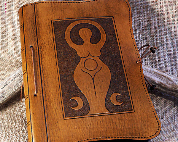 A5 brown leather journal - book of shadows - triple moon goddess design - earthworks journals - A5C007