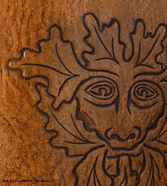 A5 brown leather journal - pagan green man detail - earthworks journals - A5C005