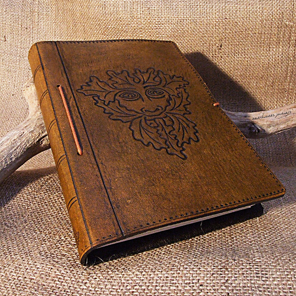 A5 brown leather journal - pagan green man - earthworks journals - A5C005