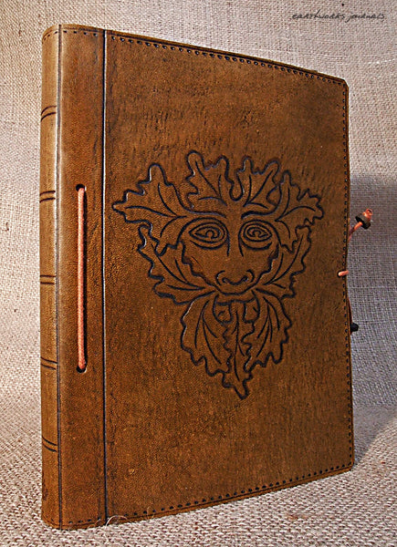 A5 brown leather journal - pagan green man 2 - earthworks journals - A5C005