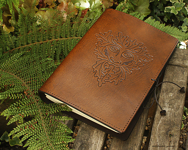 A5 brown leather journal - pagan green man - earthworks journals - A5C006