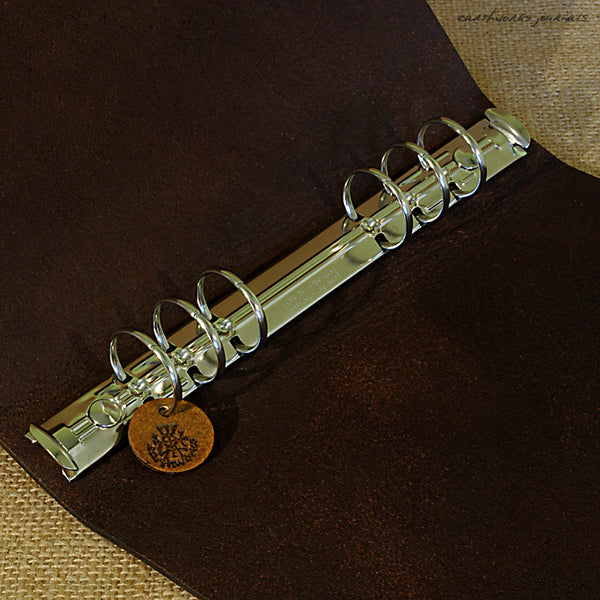 A5 brown leather 6 ring binder - organiser - planner - ammonite design open - earthworks journals A5F004