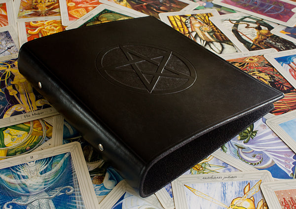A5 black leather 2 ring binder - book of shadows - grimoire - pentagram design - earthworks journals A5B005