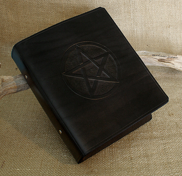 A5 black leather 2 ring binder - book of shadows - grimoire - pentagram design 2 - earthworks journals A5B005
