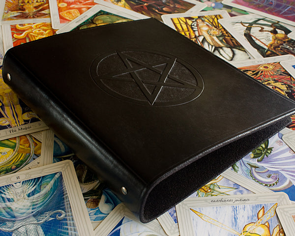 A5 black leather 6 ring binder - organiser - planner - book of shadows - pentagram pentacle design - earthworks journals A5F005