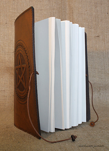A5 brown leather journal - pentagram - earthworks journals open - A5C029