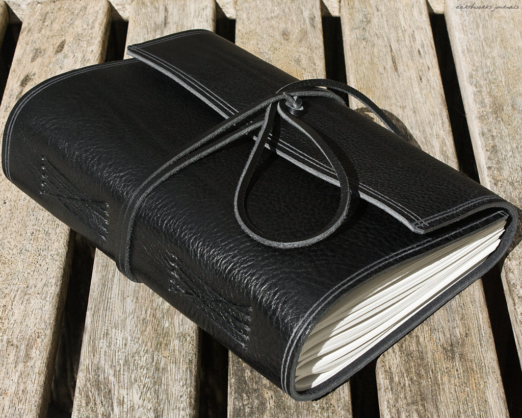 A5 rugged black leather journal 2 - wraparound - earthworks journals - A5W008