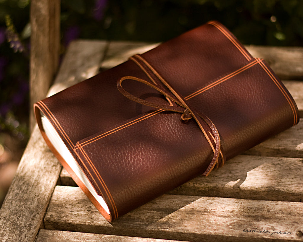 A5 rugged chestnut brown leather journal - wraparound - earthworks journals - A5W007