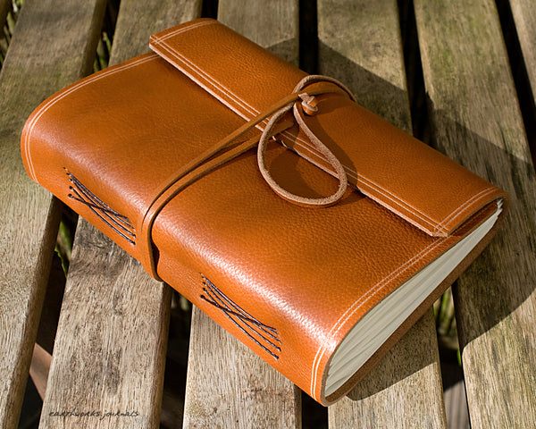 A5 rugged saddle tan leather journal - wraparound - earthworks journals - A5W011
