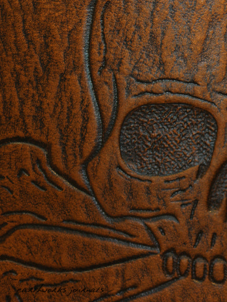 A4 brown leather journal - skull and crossbones design detail - earthworks journals A4C016