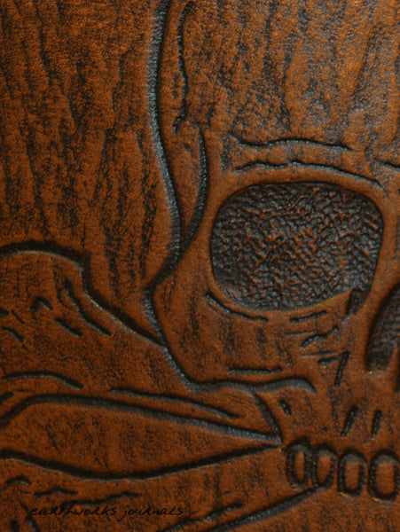 A5 brown leather journal - skull and crossbones detail - earthworks journals - A5C028