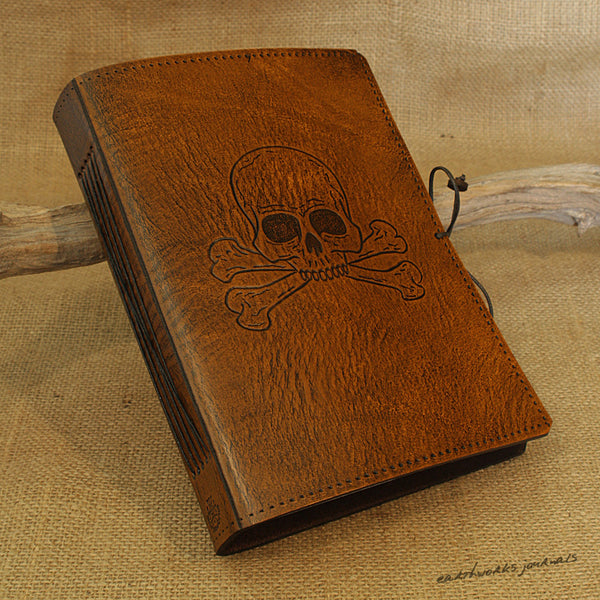A5 brown leather journal - skull and crossbones 3 - earthworks journals - A5C028