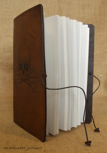 A5 brown leather journal - skull and crossbones open - earthworks journals - A5C028