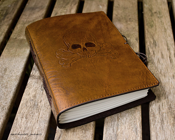 A5 brown leather journal - skull and crossbones 2 - earthworks journals - A5C028