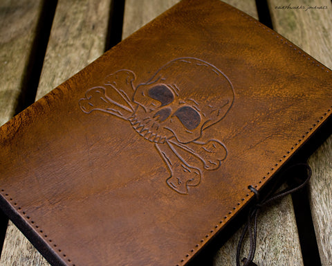 A5 brown leather journal - skull and crossbones - earthworks journals - A5C028