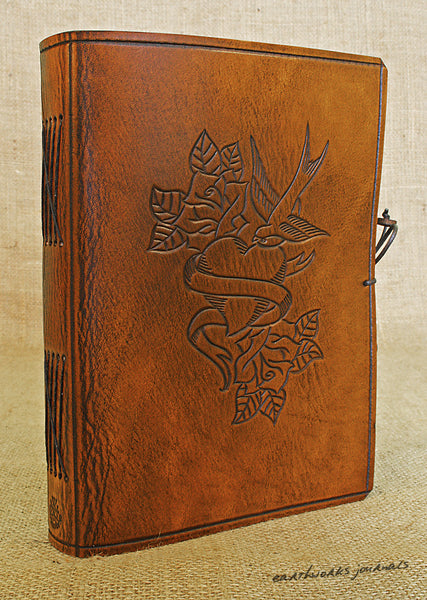 A5 brown leather journal - swallow, heart and rose tattoo 2 - earthworks journals - A5C030
