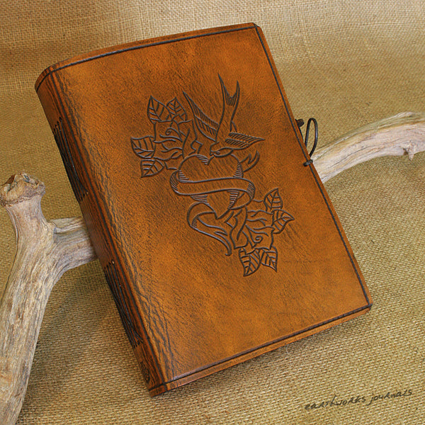 A5 brown leather journal - swallow, heart and rose tattoo - earthworks journals - A5C030