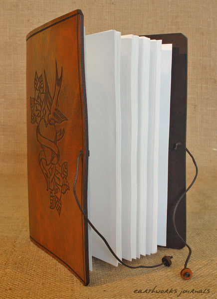A5 brown leather journal - swallow, heart and rose tattoo open - earthworks journals - A5C030