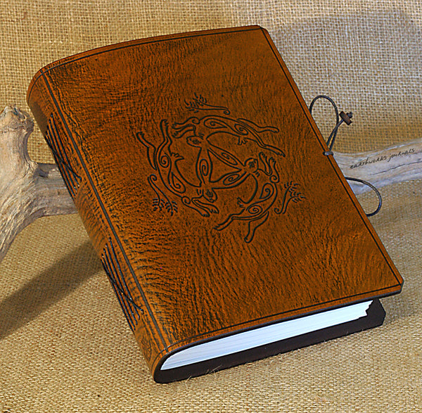 A5 brown leather journal - tinners' hares - three hares design 2 - earthworks journals - A5C035