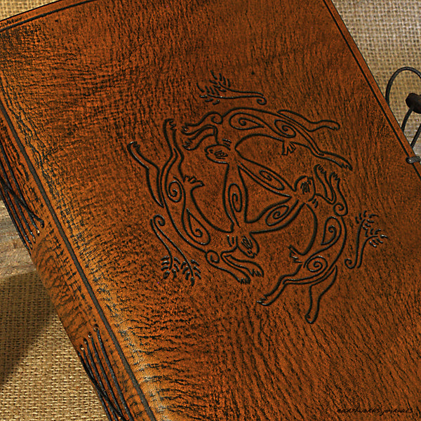 A5 brown leather journal - tinners' hares - three hares design - earthworks journals - A5C035