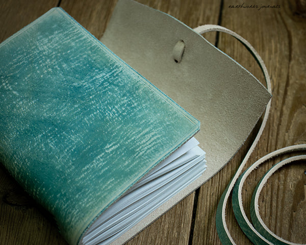A6 distressed sea blue leather journal - wraparound 6 - earthworks journals - A6W018