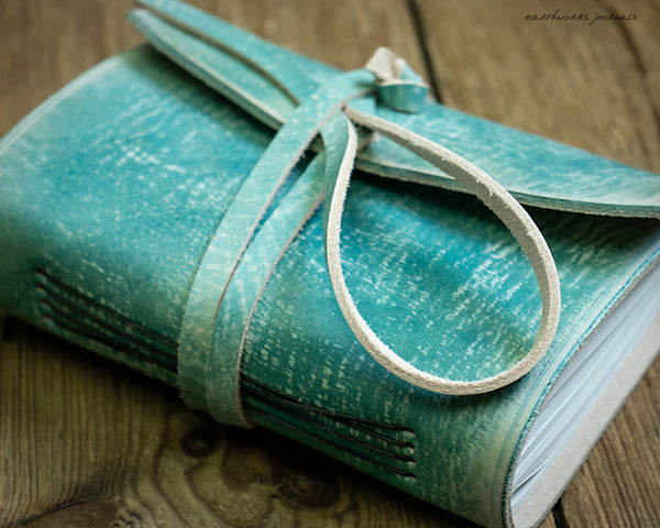 A6 distressed sea blue leather journal - wraparound 4 - earthworks journals - A6W018