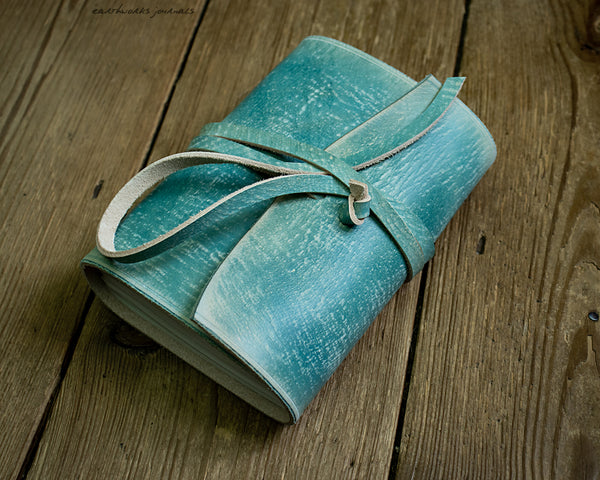 A6 distressed sea blue leather journal - wraparound 3 - earthworks journals - A6W018