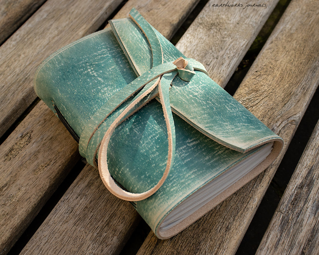 A6 distressed sea blue leather journal - wraparound 1 - earthworks journals - A6W018
