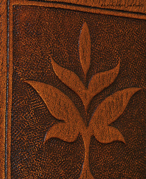 A7 brown leather journal - victorian art nouveau leaf design detail - earthworks journals - A7C004