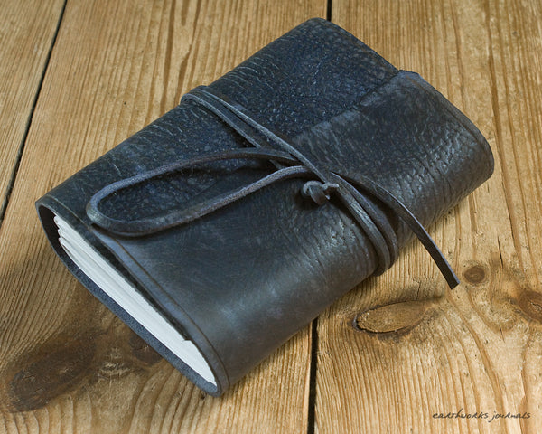 A6 distressed blue leather journal 2 - wraparound - earthworks journals - A6W015