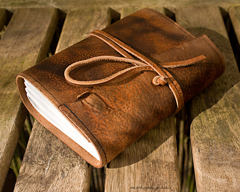 A6 distressed brown leather journal - wraparound - earthworks journals - A6W001