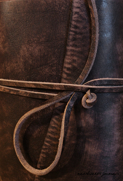 A6 distressed dark brown leather journal detail - wraparound - earthworks journals - A6W014