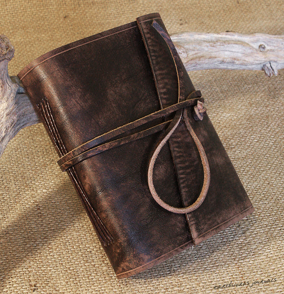 A6 distressed dark brown leather journal 4 - wraparound - earthworks journals - A6W014