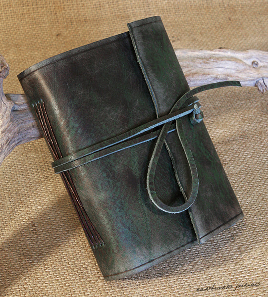 A6 distressed green leather journal 3 - wraparound - earthworks journals - A6W013