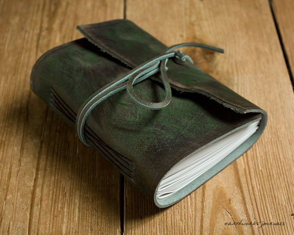 A6 distressed green leather journal 2 - wraparound - earthworks journals - A6W013
