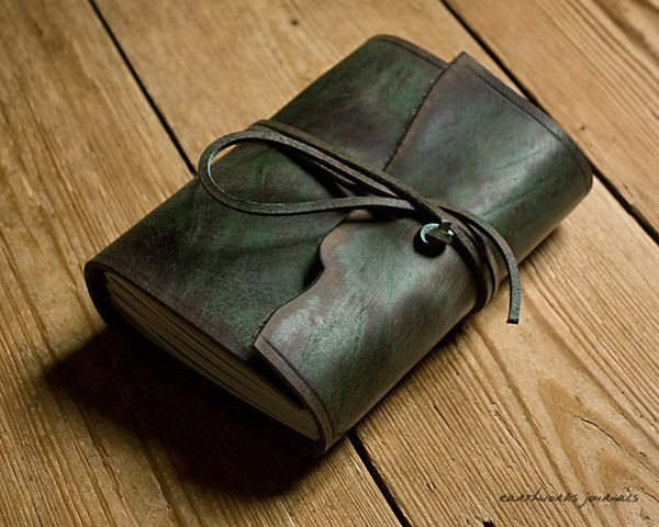 A6 distressed green leather journal - wraparound - earthworks journals - A6W013