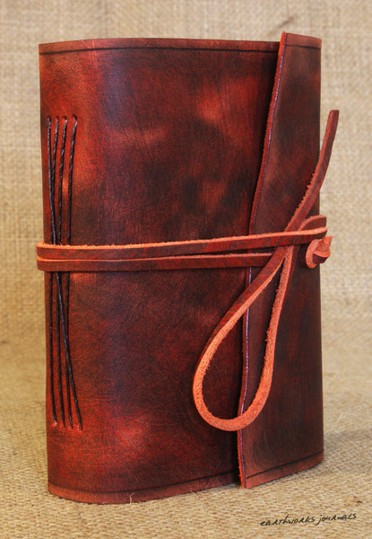 A6 distressed oxblood red leather journal 5 - wraparound - earthworks journals - A6W012