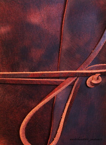 A5 distressed oxblood red leather journal detail - wraparound - earthworks journals - A5W013