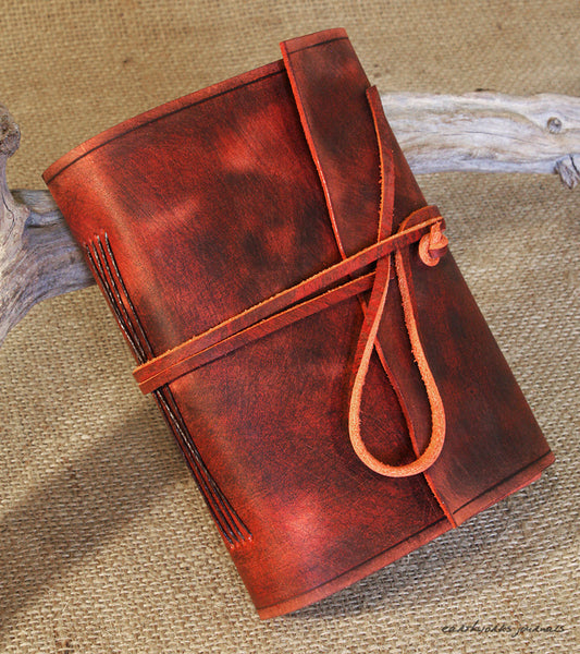 A6 distressed oxblood red leather journal 3 - wraparound - earthworks journals - A6W012