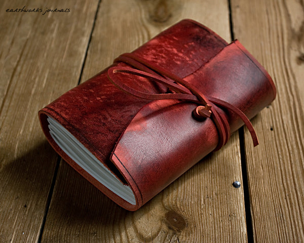 A6 distressed oxblood red leather journal - wraparound - earthworks journals - A6W012