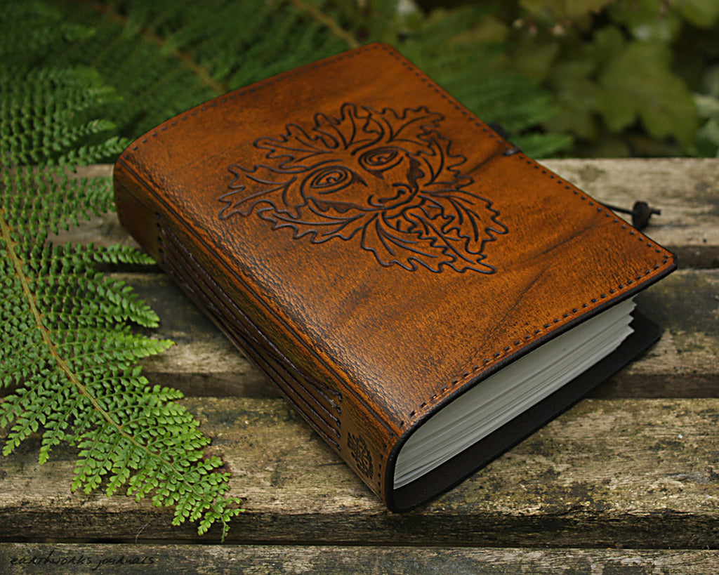 A6 brown leather journal - green man - earthworks journals - A6C009