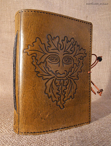 A6 brown leather journal - green man 3 - earthworks journals - A6C009