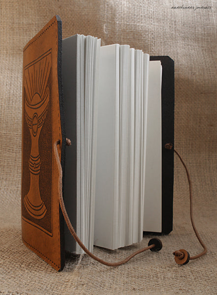 A6 brown leather journal - holy grail open - ace of cups - tarot - earthworks journals - A6C005