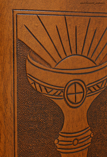 A6 brown leather journal - holy grail detail - ace of cups - tarot - earthworks journals - A6C005