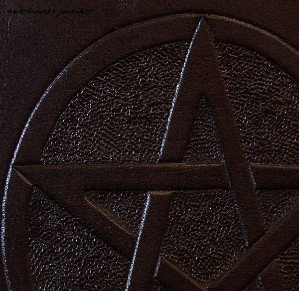A5 black leather 2 ring binder - book of shadows - grimoire - pentagram design detail - earthworks journals A5B005